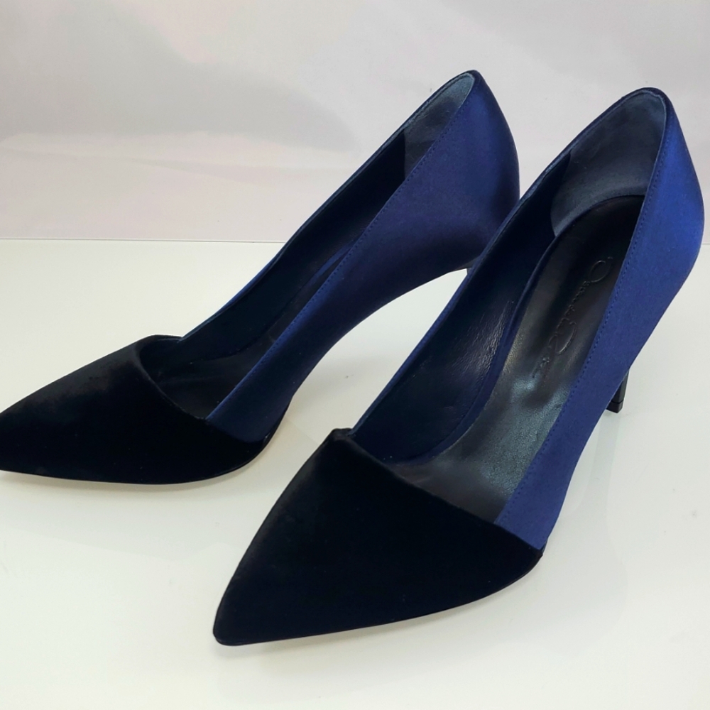 $670 Oscar de la Renta Vik Velvet Satin Blue Black Pumps Heels Sz 38 (US 8) - Picture 4 of 16